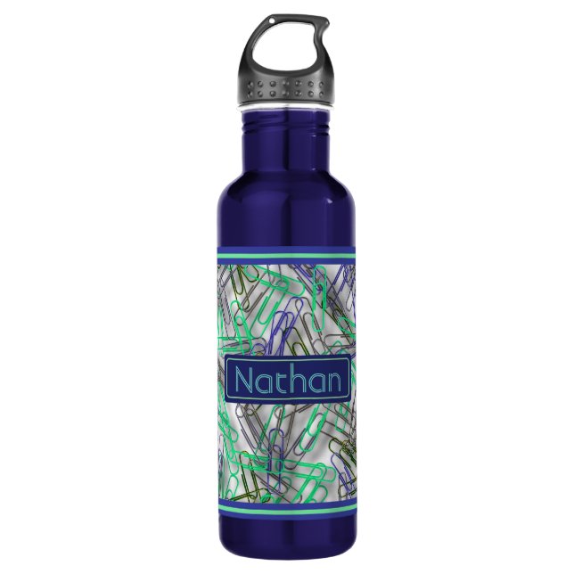 Quirky Blue Green Paperclips Personalised Stainless Steel Water Bottle (Front)