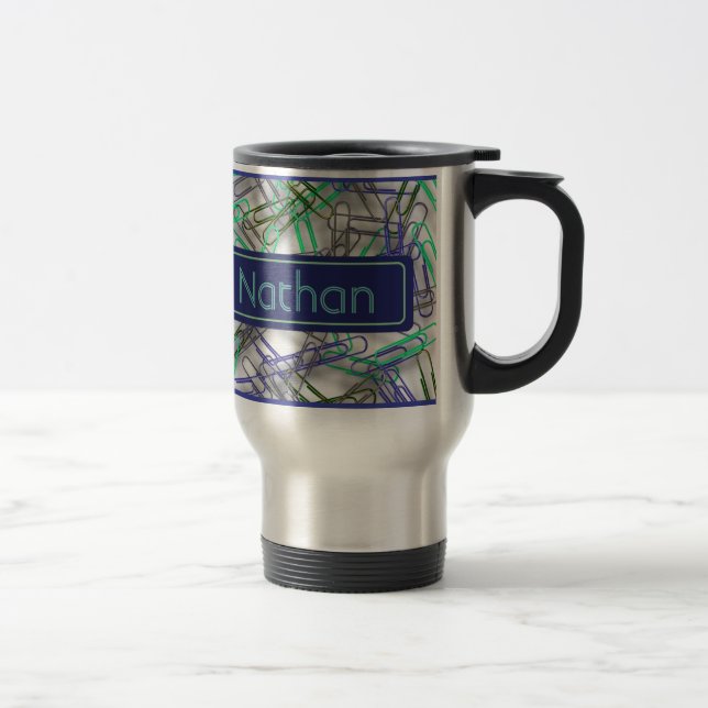 Quirky Blue Green Paperclips Personalised Travel Mug (Right)
