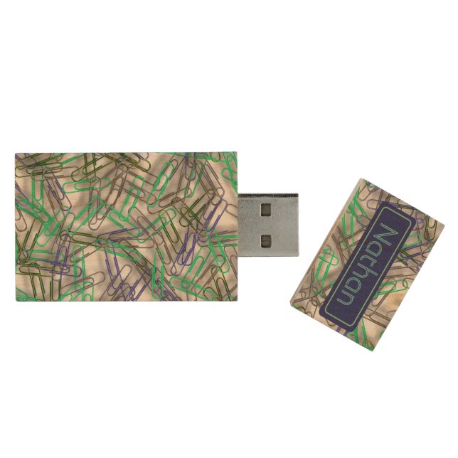 Quirky Blue Green Paperclips Personalised Wood Flash Drive (Opened)