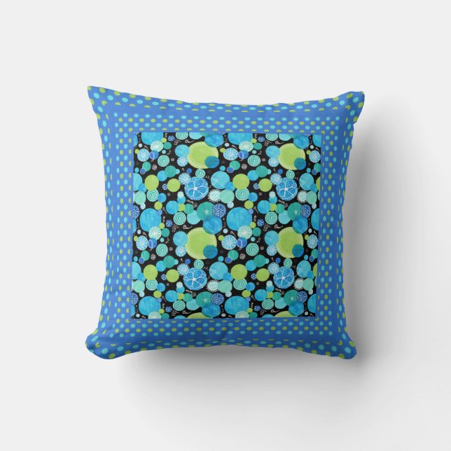 Quirky Blue Moons, Polka Dots on Black Throw Pillow (Front)