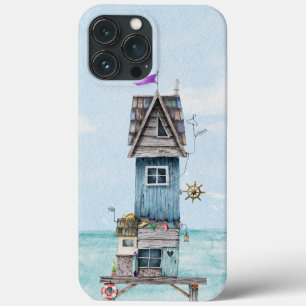 Quirky blue watercolor beach hut cottage iPhone 13 pro max case