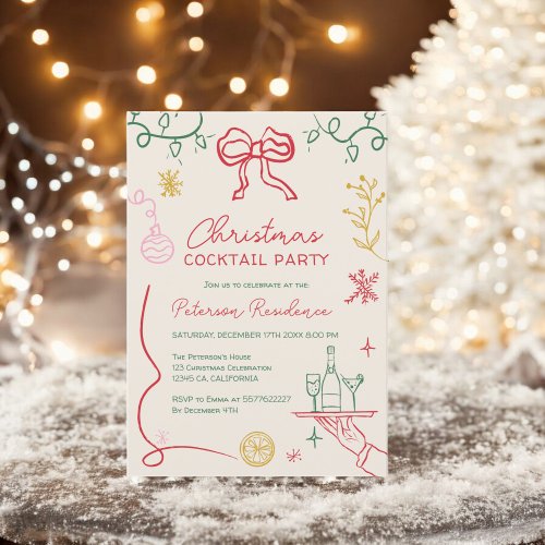 Quirky boho green illustration Christmas Cocktail Invitation