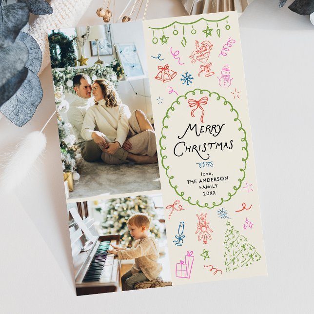 Quirky Boho Hand Drawn Merry Christmas 2 Photo  Holiday Card (Creator Uploaded)