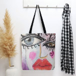 Quirky Bold Collage Art Graffiti Eyes Lips Bright Tote Bag<br><div class="desc">This fun, colorful tote bag designed using my original, collage style artwork featuring bold red lips and quirky eyes and with pops of neon pink, black and white designs, purple, blue, and a bit of a graffiti feel is perfect for anytime you are on the go. Take it shopping, fill...</div>