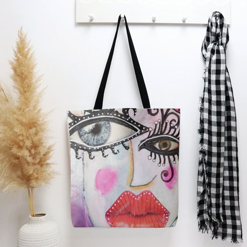 Quirky Bold Collage Art Graffiti Eyes Lips Bright Tote Bag