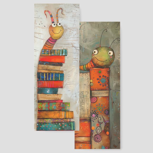 Quirky Bookworm Illustration Two-sided Bookmarks (Front & Back)