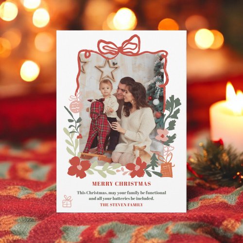 Quirky bow floral trendy Merry Christmas photo Holiday Card