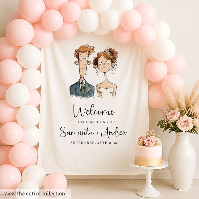 Quirky Bride and Groom Wedding Backdrop Watercolor (Quirky Bride and Groom Wedding Backdrop Watercolor)