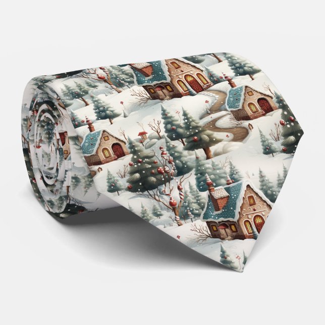 Quirky Brown and Blue Gingerbread House Pattern Neck Tie (Rolled)