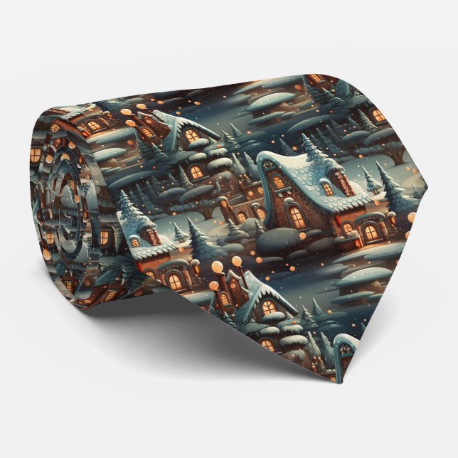 Quirky Brown and Blue Gingerbread House Pattern Neck Tie (Rolled)