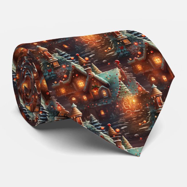 Quirky Brown and Blue Gingerbread House Pattern Neck Tie (Rolled)