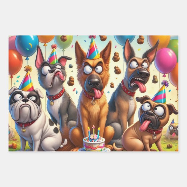 Quirky Canine Birthday Celebration Wrapping Paper Sheets (Front)