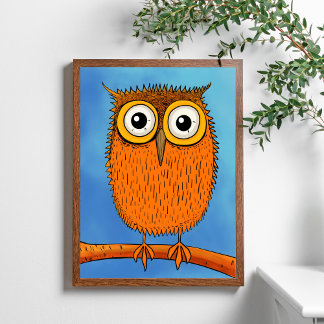Quirky Cartoon Orange Owl with Big Eyes Poster