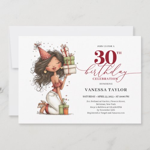Quirky Cartoon Woman 30th Birthday Burgundy Script Invitation