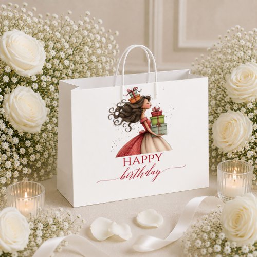 Quirky Cartoon Woman Deep Red Script Birthday gift Large Gift Bag