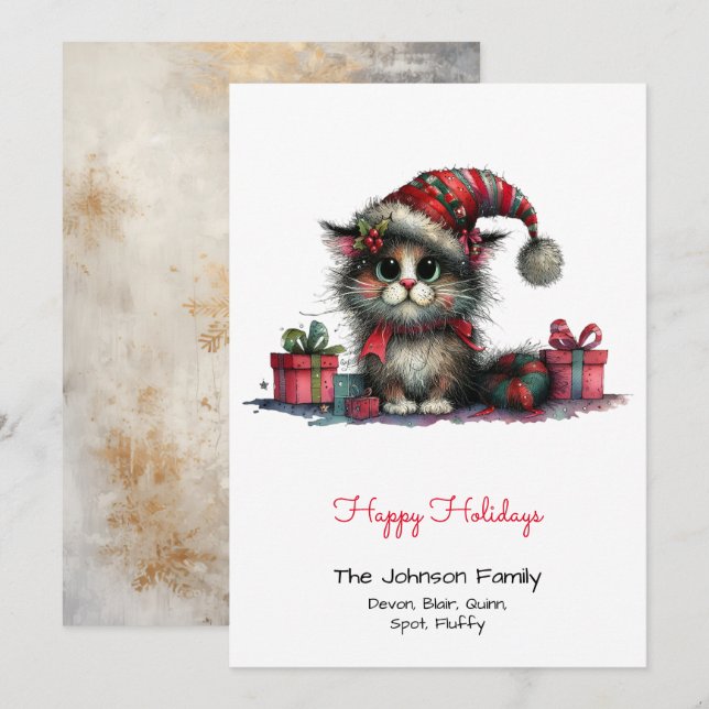 Quirky Cat in a Santa Hat Happy  Holiday Card (Front/Back)