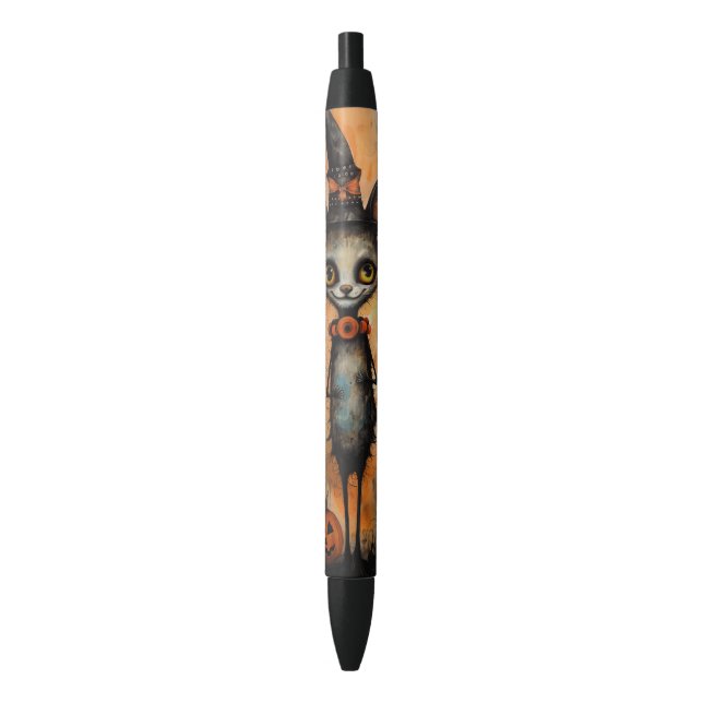 Quirky Cat in a Witch Hat Halloween Writing Pen (Front Vertical)