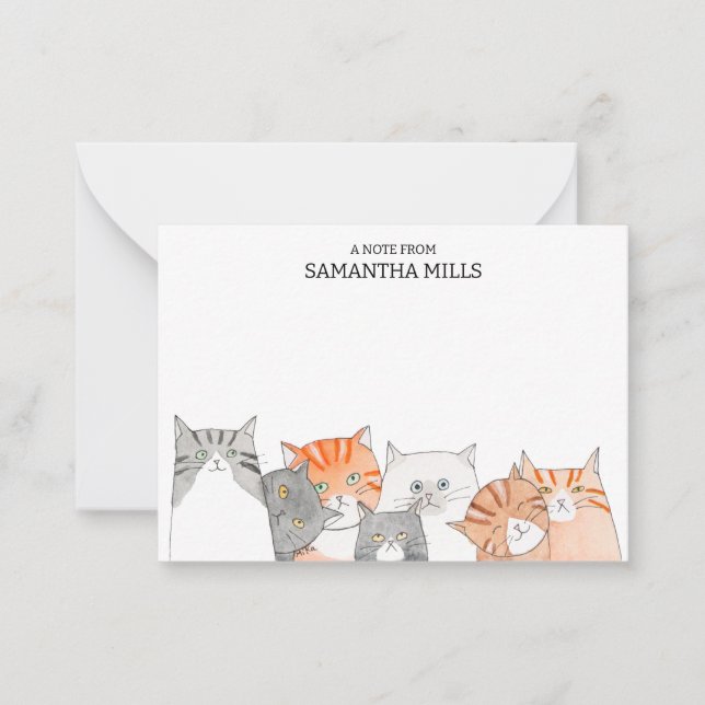 Quirky cats Lining up Cat lover Personalized Name Note Card (Front)