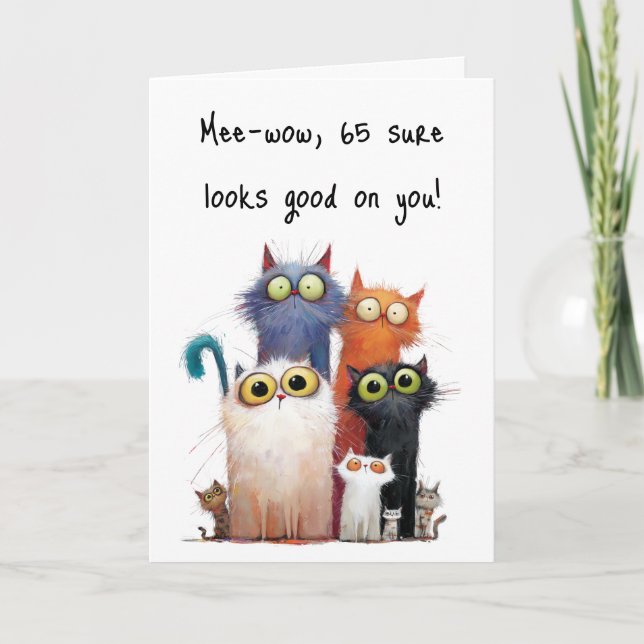 Quirky Cats with Big Eyes 65th Birthday Greeting Card (Front)