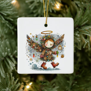 Quirky Christmas Angel Modern Art Style Ceramic Ornament