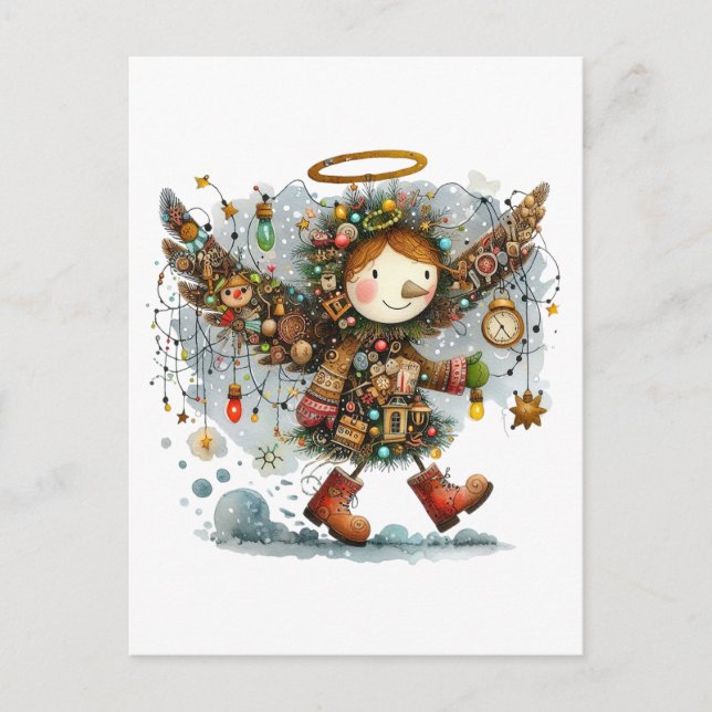 Quirky Christmas Angel Modern Illustration Art Postcard (Front)
