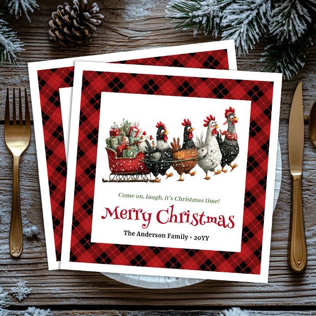 Quirky Christmas chickens napkin custom name edit (Rustic Funny Chickens Personalized Watercolor Holiday Christmas Napkins

)