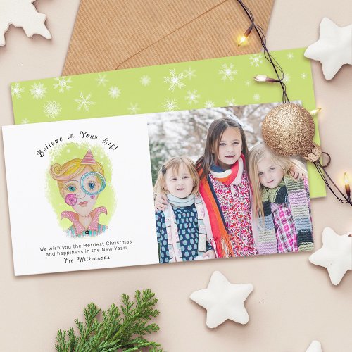 Quirky Christmas Elf Funny Pink Green Family Photo Holiday Card