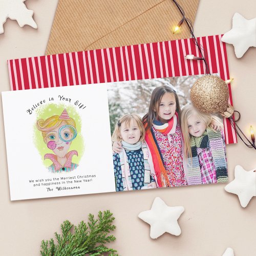 Quirky Christmas Elf Funny Pink Red Family Photo Holiday Card