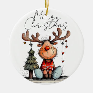 Quirky Christmas Reindeer Ceramic Ornament