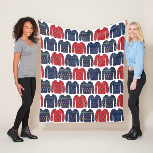 Quirky Christmas Sweaters Pattern Blue and Navy Fleece Blanket