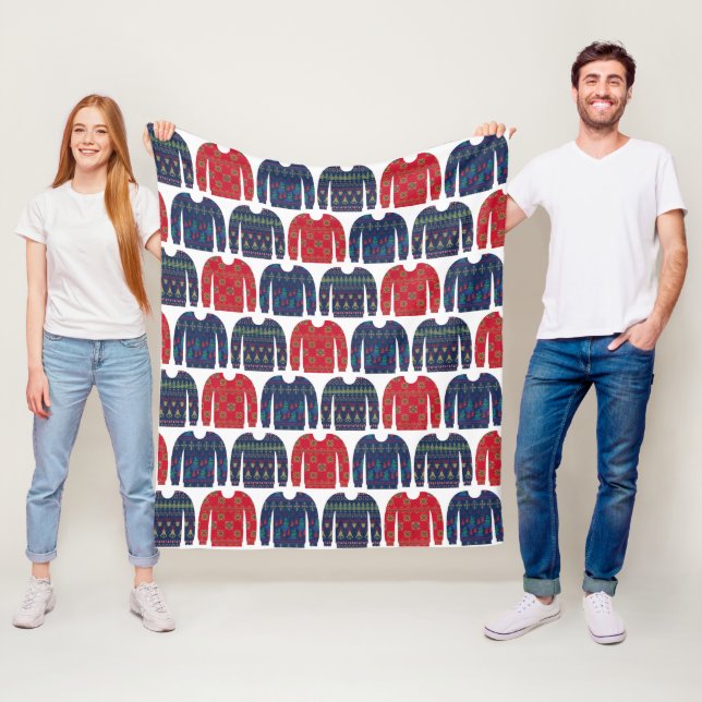 Quirky Christmas Sweaters Pattern Blue and Navy Fleece Blanket (In Situ)
