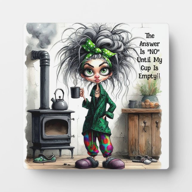 Quirky Coffee Lady Empty Cup Plaque with Easel (Front)