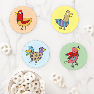Quirky Colorful Chicken Bird Doodles Coaster Set