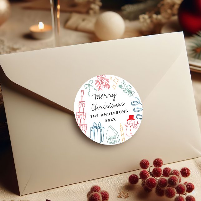 Quirky Colorful Christmas Hand drawn Doodle  Classic Round Sticker (Creator Uploaded)