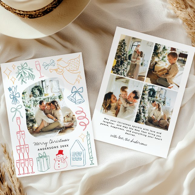 Quirky Colorful Christmas Photo Hand drawn Doodle Holiday Card (Creator Uploaded)