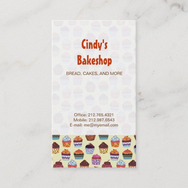 Quirky Colorful Cupcakes Illustration Pattern Business Card (Front)