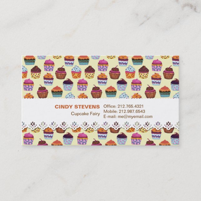 Quirky Colorful Cupcakes Illustration Pattern Business Card (Front)