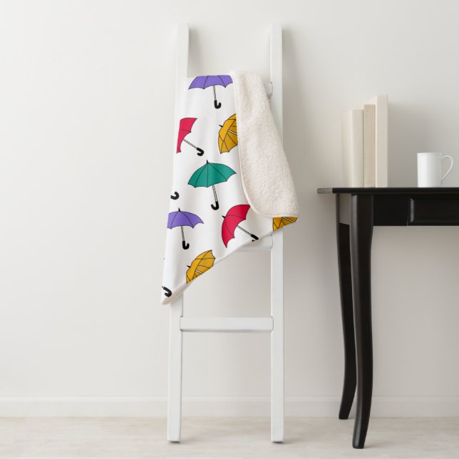 Quirky Colorful Falling Umbrellas Pattern Sherpa Blanket (In Situ)