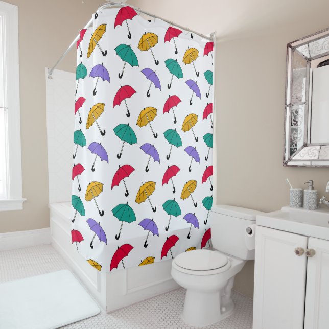 Quirky Colorful Falling Umbrellas Pattern Shower Curtain (In Situ)