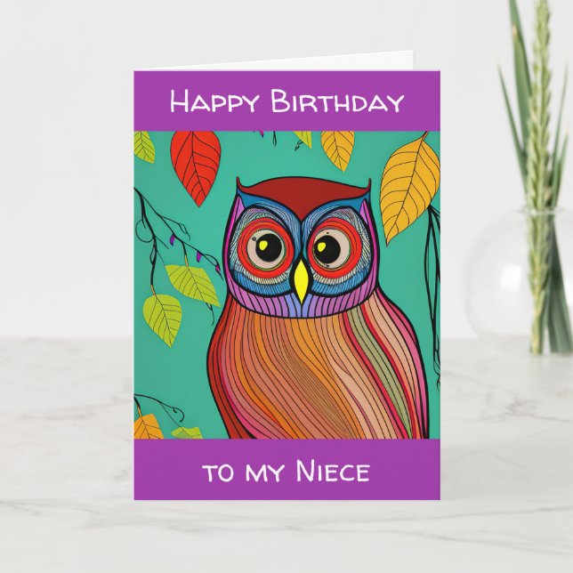 Quirky Colorful Folk Art Abstract Owl Birthday Card (Front)