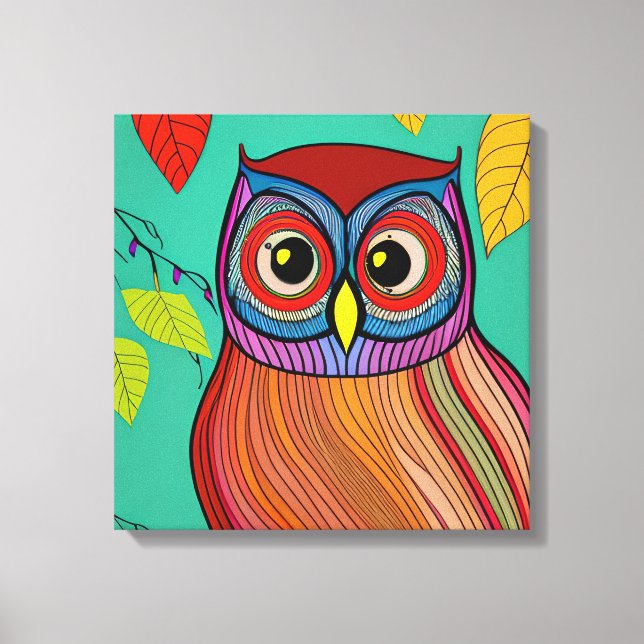 Quirky Colorful Folk Art Abstract Owl Canvas Print (Front)