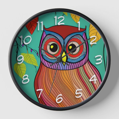 Quirky Colorful Folk Art Abstract Owl Clock