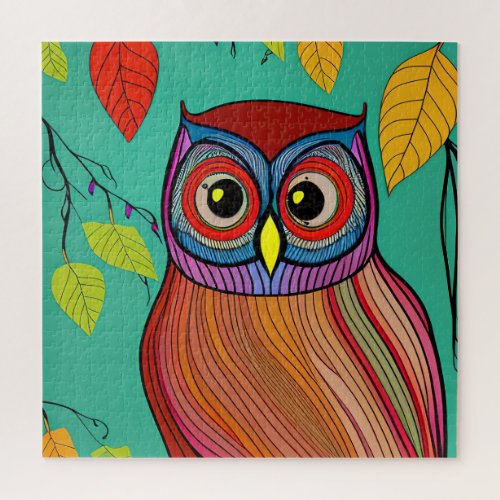 Quirky Colorful Folk Art Abstract Owl Jigsaw Puzzle