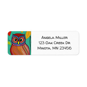 Quirky Colorful Folk Art Abstract Owl Label