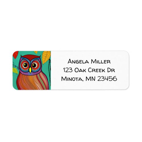 Quirky Colorful Folk Art Abstract Owl Label