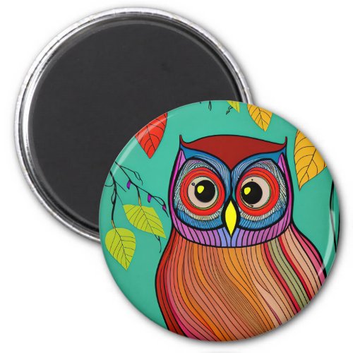 Quirky Colorful Folk Art Abstract Owl Magnet