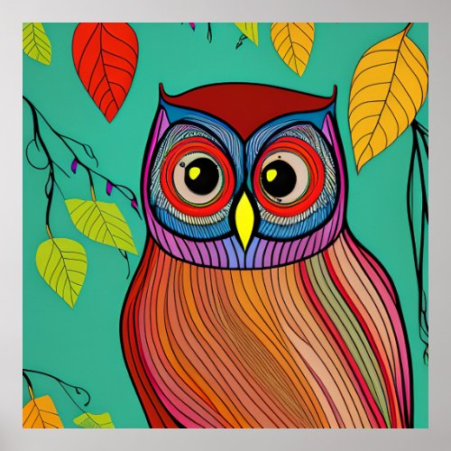 Quirky Colorful Folk Art Abstract Owl Poster