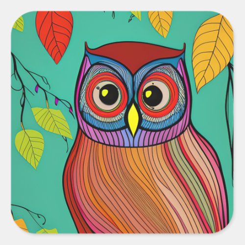 Quirky Colorful Folk Art Abstract Owl Square Sticker