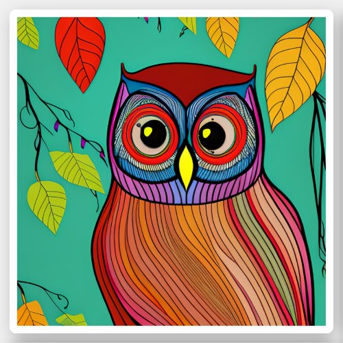 Quirky Colorful Folk Art Abstract Owl Sticker