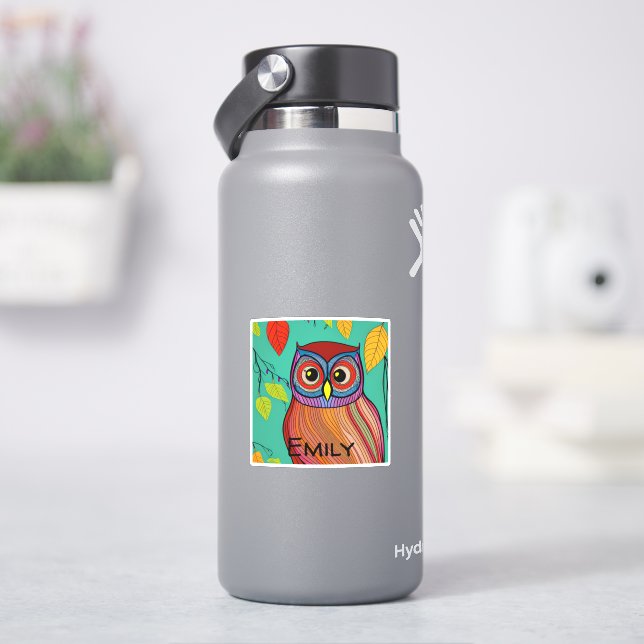 Quirky Colorful Folk Art Abstract Owl Sticker (HydroFlask)